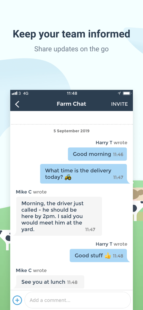 Un'interfaccia mobile dell'app fieldmargin che mostra una chat di squadra per coordinare le consegne e gli aggiornamenti dell'azienda agricola.