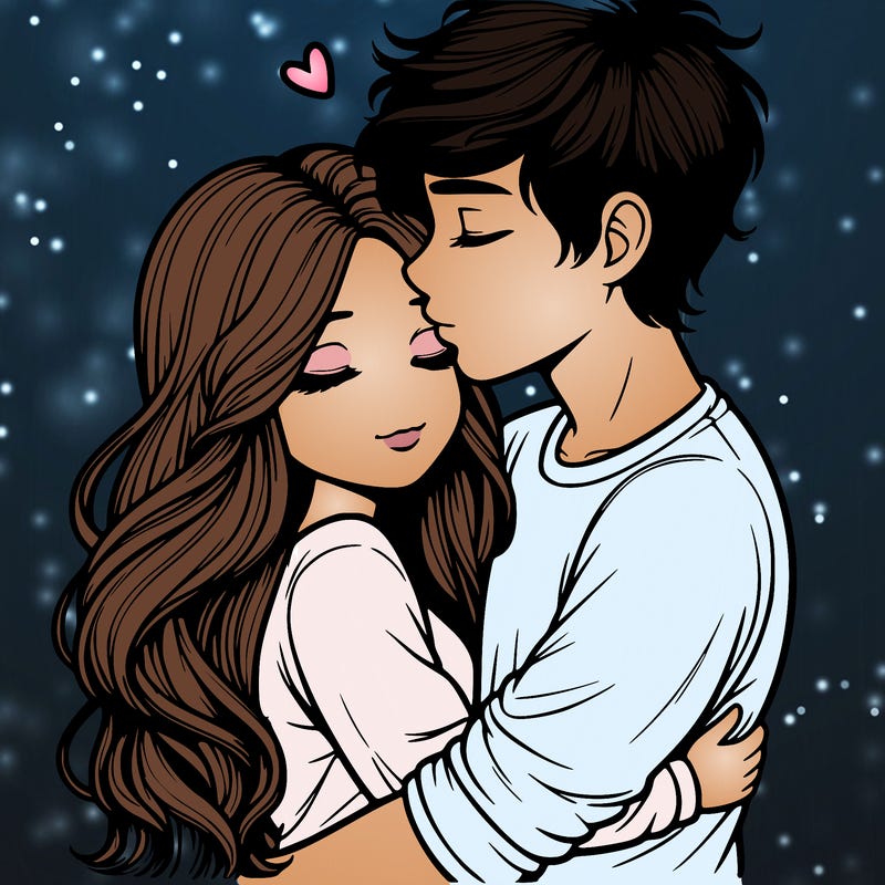 a realistic couple boy and girl hugging and kissing