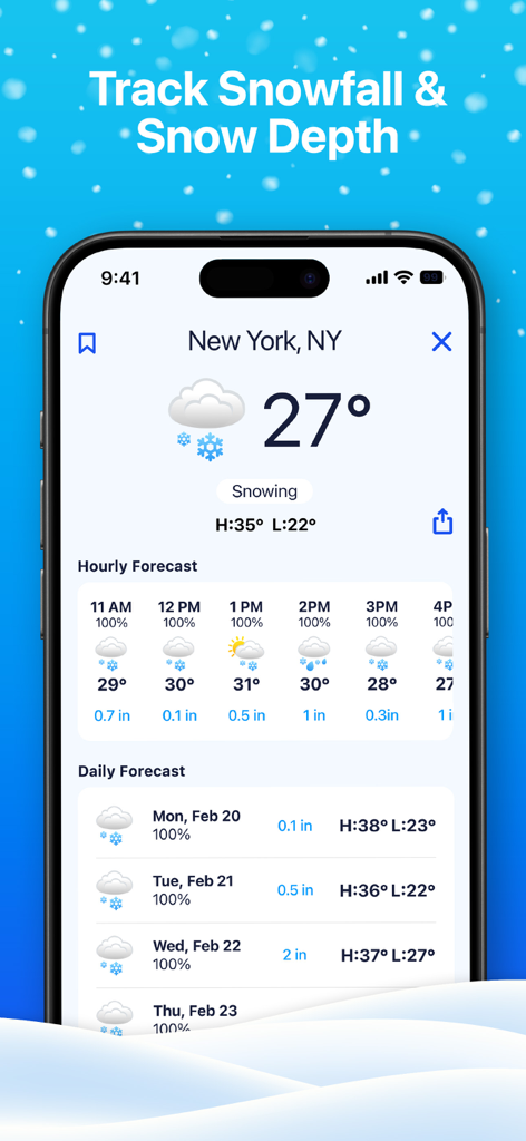 Pantalla de la aplicación móvil que muestra el seguimiento y pronóstico de la profundidad de nevadas horaria y diaria para Nueva York.