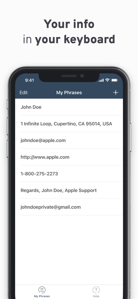 Phraser - Paste Keyboard - Smartphone screen showing a list of saved phrases and contact information in the Phraser app