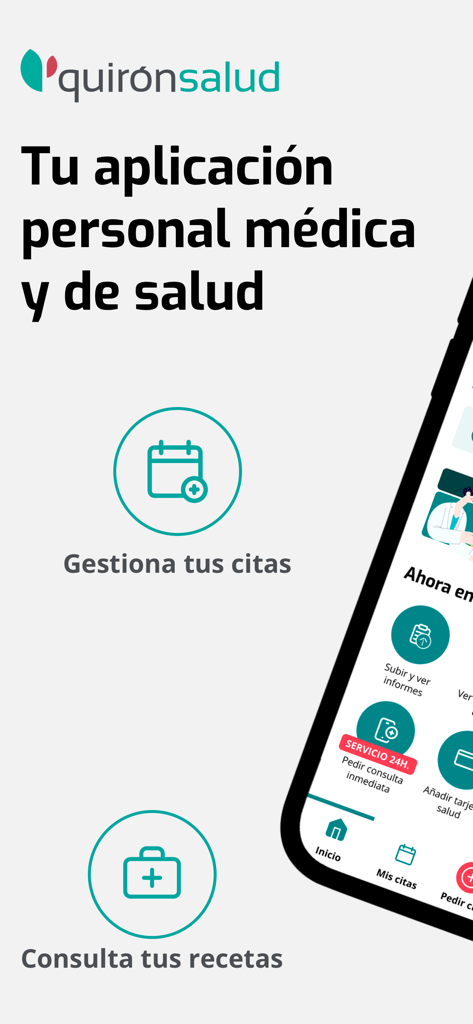 Quirónsalud - キロンサルー (Quirónsalud) のモバイルアプリインターフェース。医療予約と処方箋の管理用。