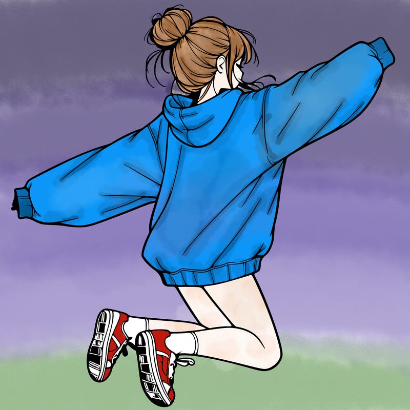 realistic girl jumping with a bun and oversized sweatshirt