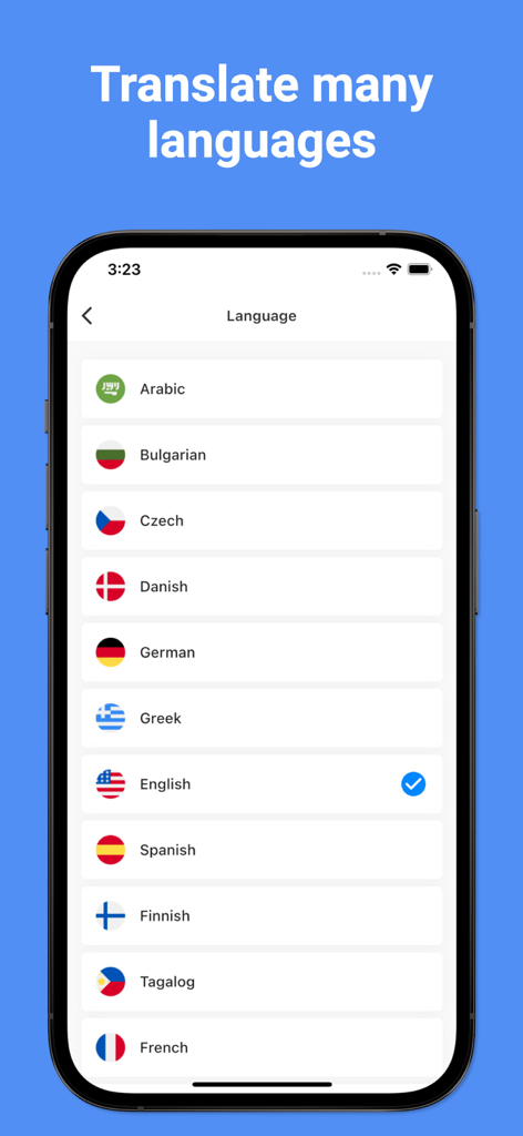 Una pantalla de teléfono inteligente que muestra una lista de idiomas compatibles en la aplicación Traductor de Tagalo y Filipino.