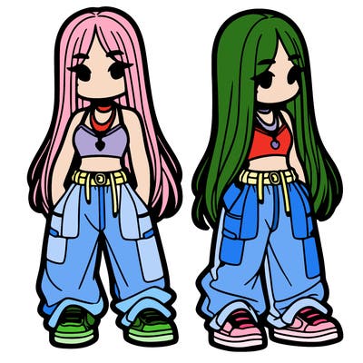 girl in baggy pants crop top and long hair