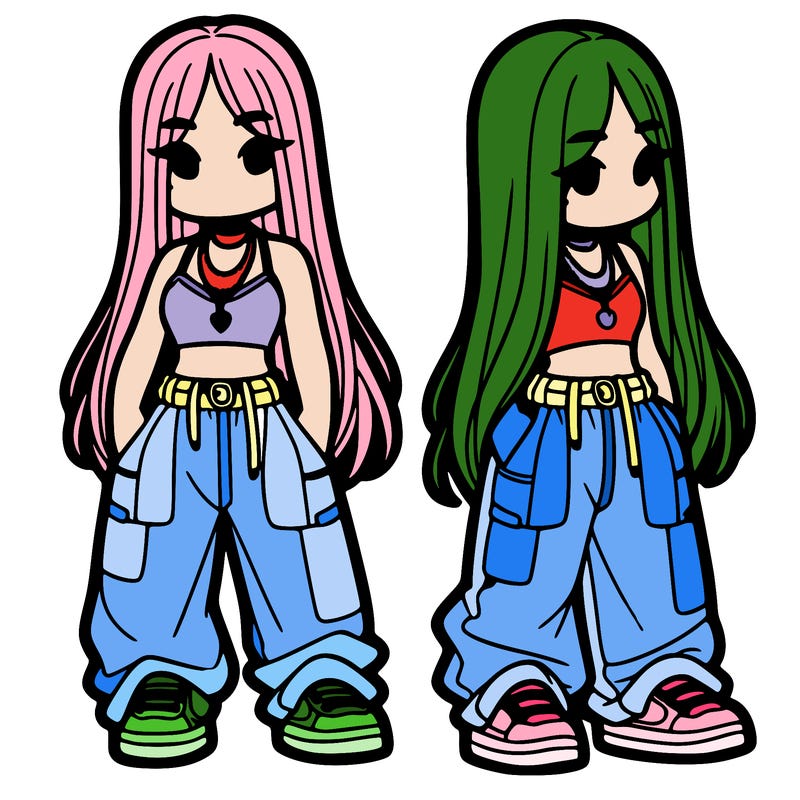 girl in baggy pants crop top and long hair