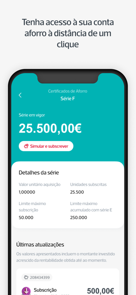 Interfaz de la aplicación CTT mostrando el saldo de una cuenta de ahorros y detalles del certificado en portugués