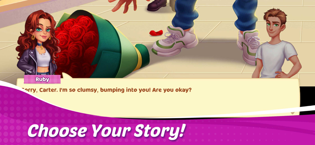 Cooking Wonder: Cooking Games - Uma cena de história romântica em Cooking Wonder mostrando os personagens Ruby e Carter interagindo após um encontro desajeitado.