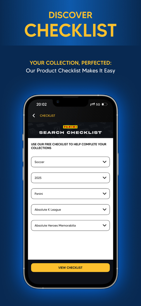 Interface de liste de recherche de l'application Panini Direct pour les collections de cartes à collectionner sportives et de souvenirs