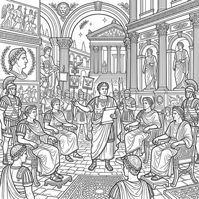 Journey back to ancient Rome with this magnificent full-scene coloring page featuring powerful Roman Emperors. Delve into a richly detailed illustration brimming with historical grandeur and intricate architectural elements.