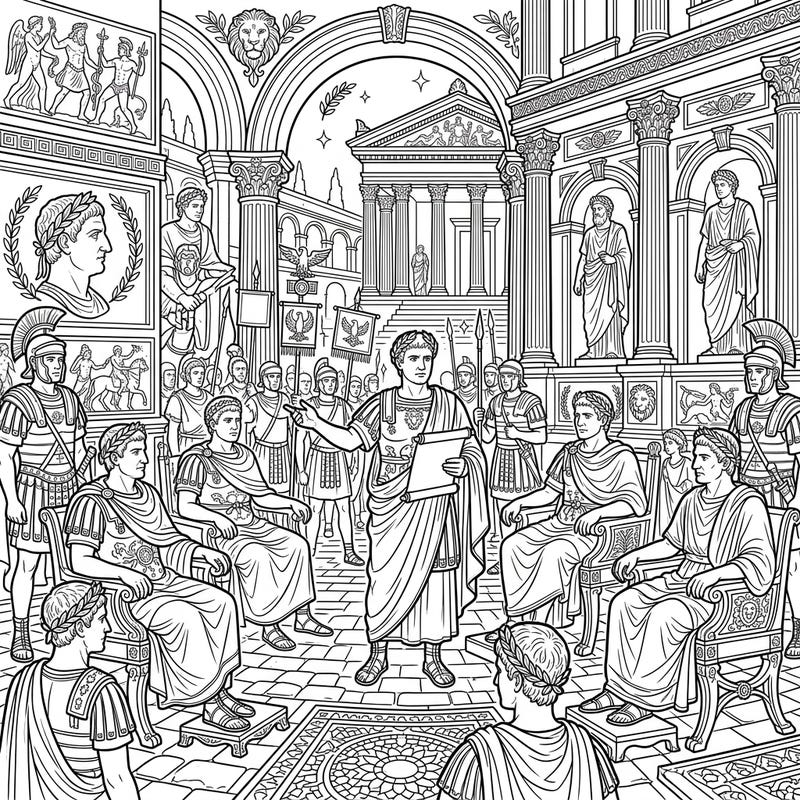 Journey back to ancient Rome with this magnificent full-scene coloring page featuring powerful Roman Emperors. Delve into a richly detailed illustration brimming with historical grandeur and intricate architectural elements.