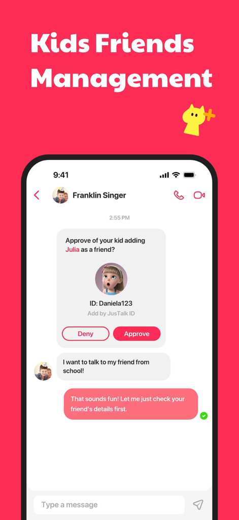 Un écran de contrôle parental dans l'application JusTalk Kids montrant une demande d'approbation ou de refus d'un nouvel ami pour un enfant.