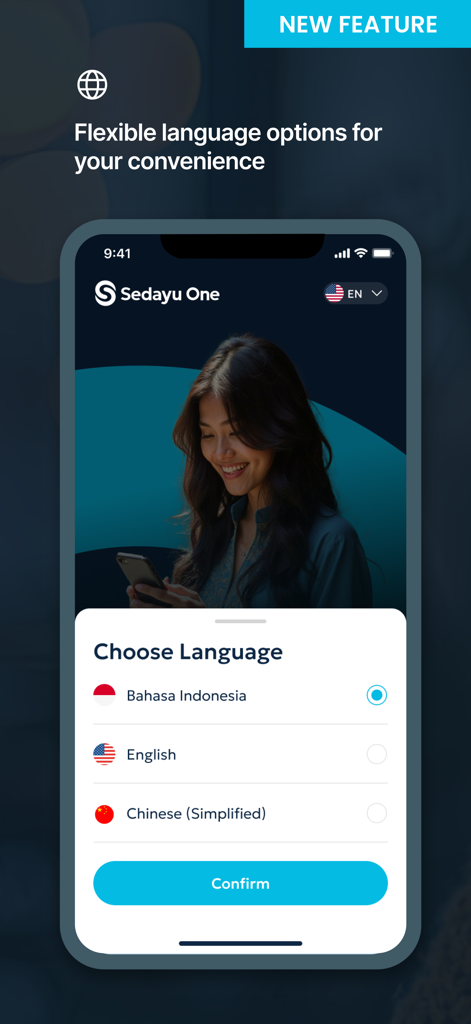 Interface do aplicativo Sedayu One City mostrando opções de seleção de idioma para Bahasa Indonesia, Inglês e Chinês