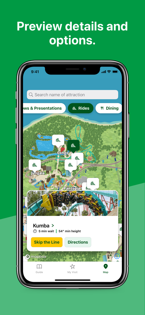 Busch Gardens app showing interactive park map with Kumba roller coaster wait times and directions