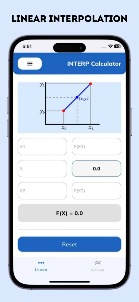 Interfaz de usuario de la aplicación Calculadora de Interp mostrando la pantalla de entrada de interpolación lineal con un gráfico geométrico.