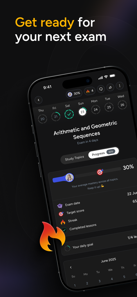 Screenshot der Astra AI App-Oberfläche, die eine Prüfungsvorschau für mathematische Sequenzen und den Lernfortschritt des Schülers anzeigt