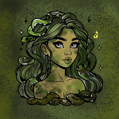 realistic girl with snakes as hair