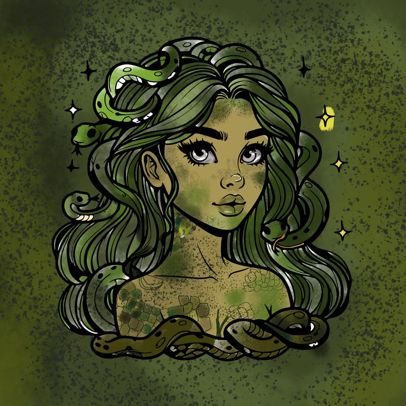 realistic girl with snakes as hair