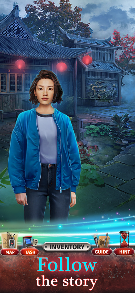 Crossroads 2 Escaping the Dark - A woman in a blue jacket standing in front of a traditional Asian temple at night with glowing red lanterns