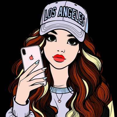 realistic beautiful girl wearing los ángeles cap holding an iphone