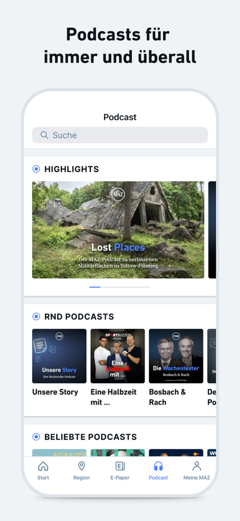 MAZ - Nachrichten und Podcast - Der Podcast-Bereich der MAZ News App mit vorgestellten Highlights und originalen Audio-Storys des RND