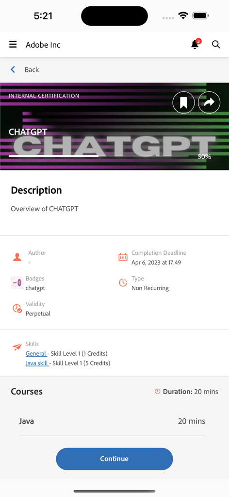 Descripción general del curso de ChatGPT en la aplicación móvil de Adobe Learning Manager que muestra un 50 por ciento de progreso y un botón de continuar