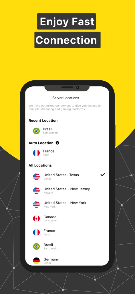 HOTVPN app screen showing a list of global server locations for fast connections