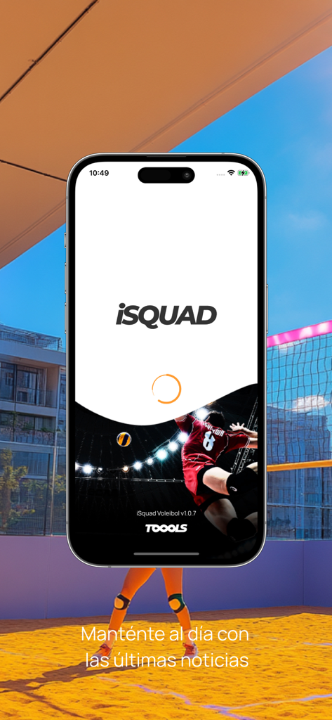 Pantalla de inicio de la aplicación iSquad Voleibol en un iPhone con un icono de carga y un fondo de un jugador de voleibol en acción.