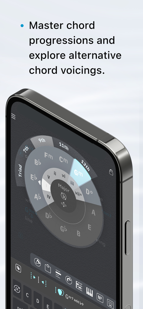 Songs - The App For Musicians - Oberfläche der Songs-App für Musiker mit einem Quintenzirkel und einem Akkordfolgenrad auf einem iPhone.