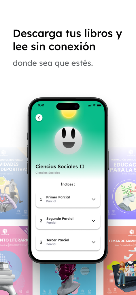 Didacteca - Interface do aplicativo Didacteca mostrando livros didáticos digitais e capacidade de leitura offline em espanhol.