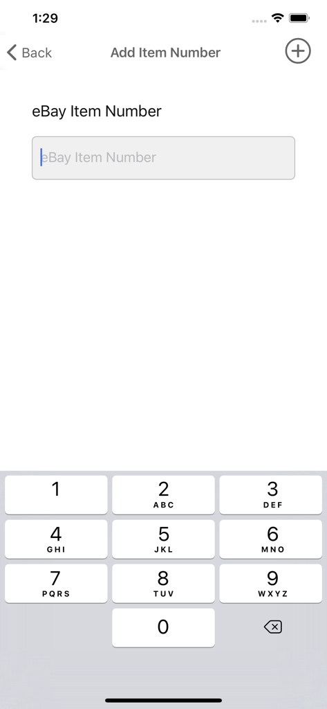 Pantalla para añadir un número de artículo de eBay en la aplicación de puja automática de subastas Myibidder.