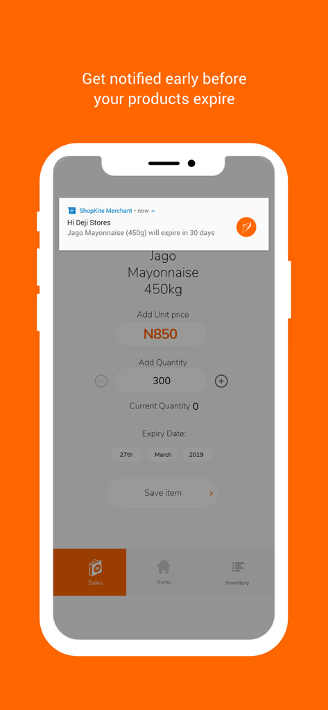 App Shopkite Merchant che mostra una notifica mobile per prodotti in scadenza.