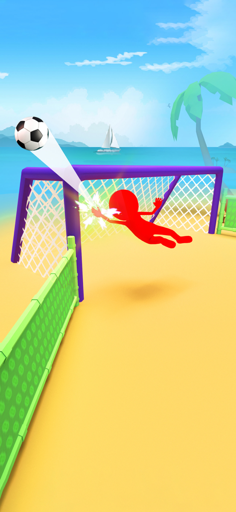 Portero stickman rojo lanzándose para salvar una pelota de fútbol en una playa soleada.