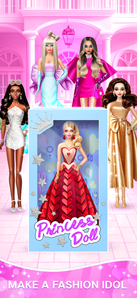 Doll Dress Up: Dream House - Several fashionable dolls in stylish outfits standing in front of a pink mansion with a central princess doll in a box
