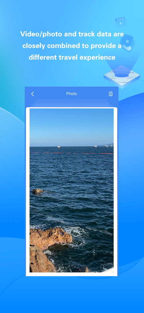 경로 데이터에 연결된 여행 사진을 표시하는 Share Tracks 앱 인터페이스
