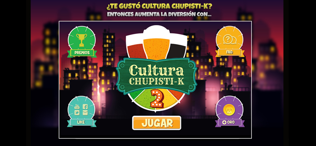 Main menu of the Cultura Chupistica 2 drinking game app featuring a large play button and city skyline background.