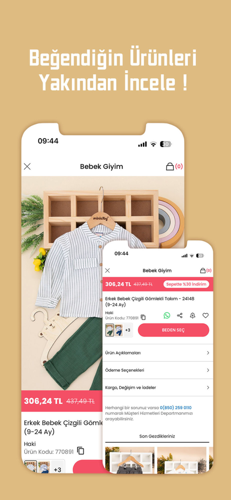 Minicity - Page produit de l'application mobile Minicity montrant un ensemble chemise et pantalon pour bébé garçon avec le prix et les détails