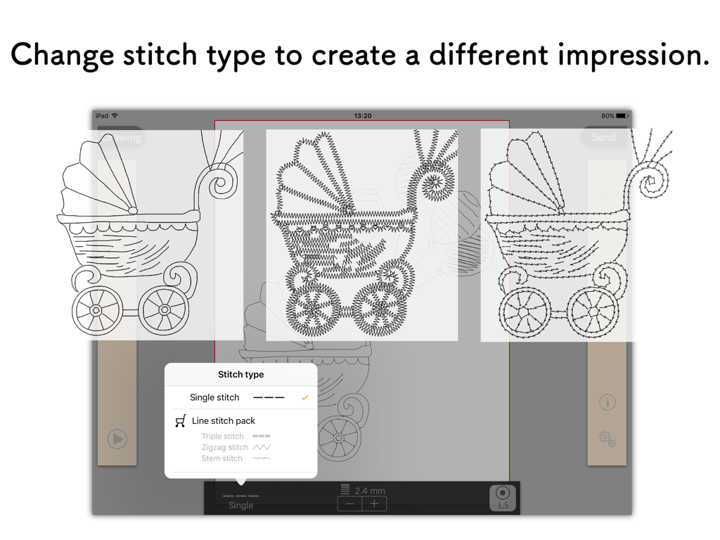AcuSketch - AcuSketch interface displaying different embroidery stitch options for a drawing