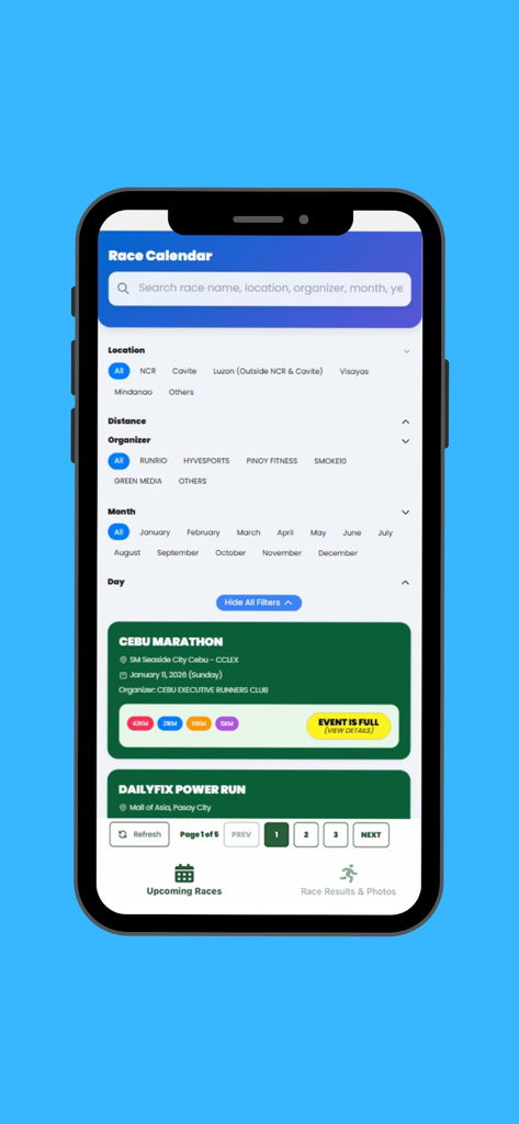 PixHero mobile app interface displaying a searchable race calendar with event filters and marathon listings.