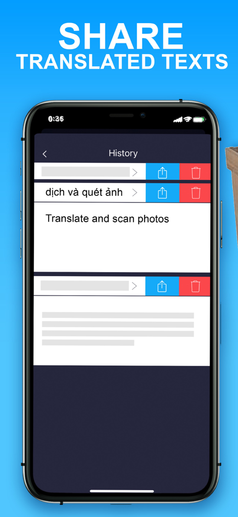 Snap Translator app screen showing translation history with options to share or delete saved texts