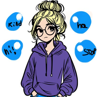 teen girl with a messy bun and glasses wearing a loose hoodie and jeans