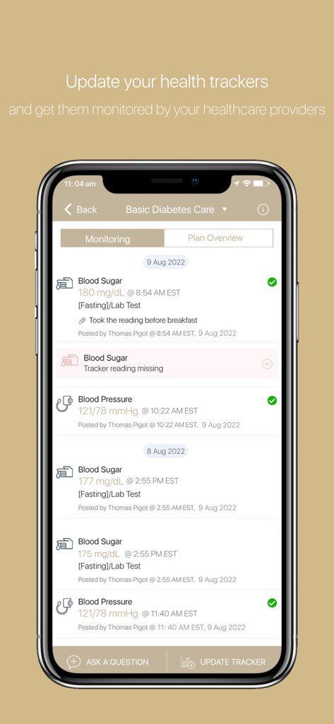 Mobile App-Oberfläche, die Protokolle zur Überwachung von Blutzucker und Blutdruck für die Gesundheitsüberwachung von Patienten anzeigt