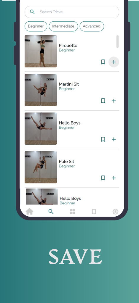 Evene Pole Dance - Pantalla de la aplicación Evene Pole Dance mostrando una biblioteca de movimientos de pole dance para principiantes.