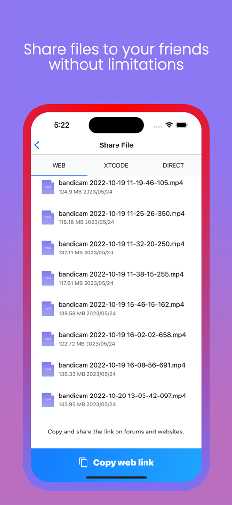 Ctfileアプリのインターフェースで、動画リストとWebリンクをコピーするボタンが表示された共有ファイル画面を表示