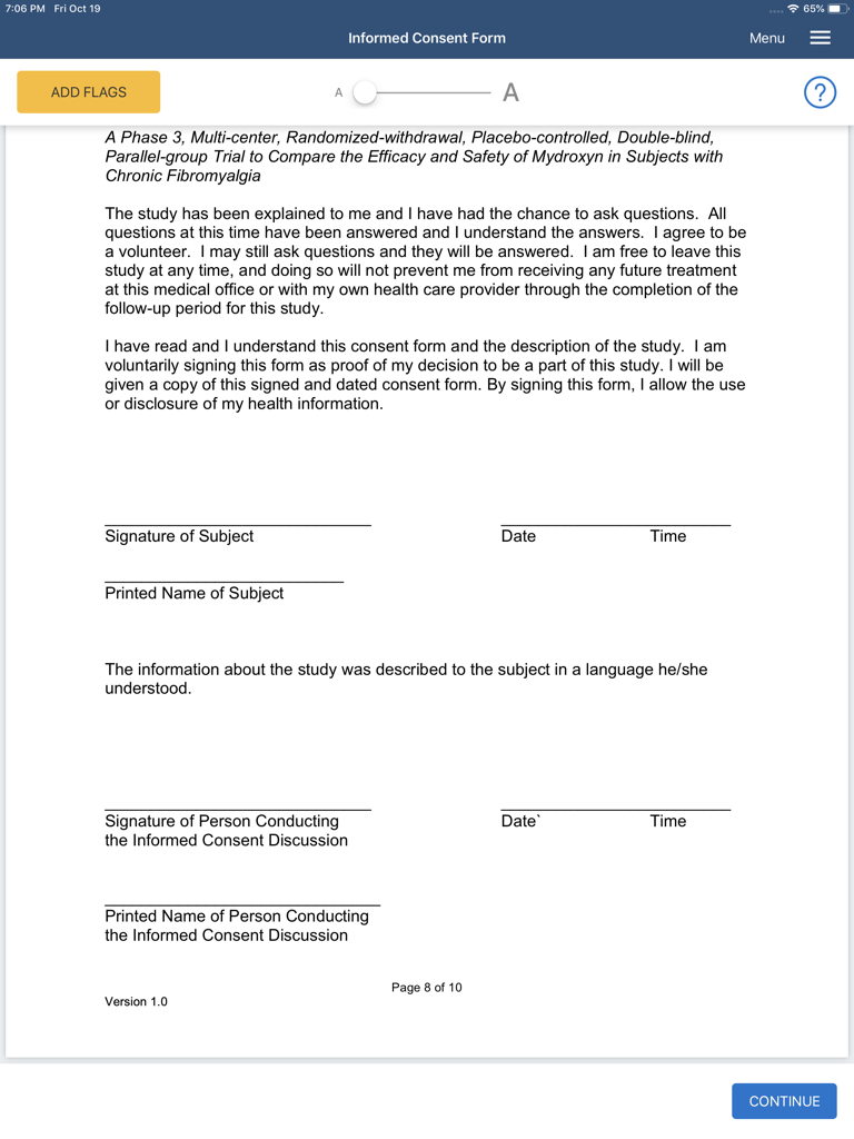Digital informed consent form screen on the Rave eConsent iPad app