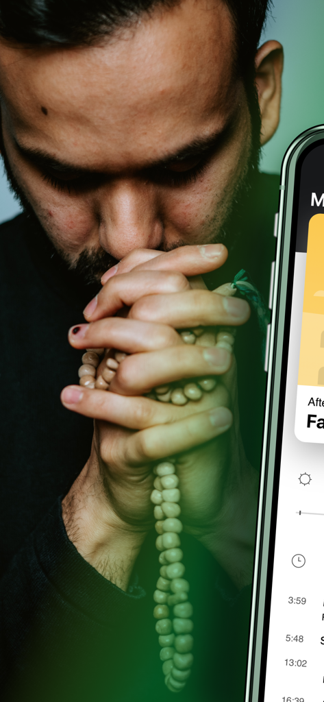 Muslim Pray Times Qibla Finder - A man holding prayer beads next to a smartphone showing a prayer schedule