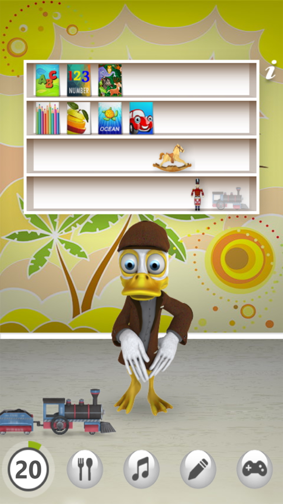 Talking Duck - Talking Duck character wearing a detective outfit next to a bookshelf with educational books and toys
