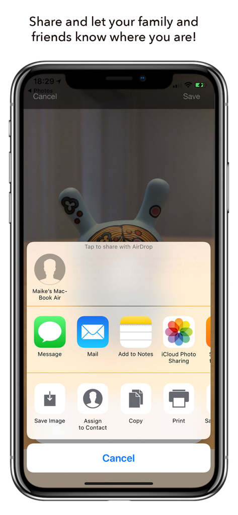 Picture Proof - iPhone screenshot showing the share menu in the Picture Proof app to send location stamped photos to friends and family