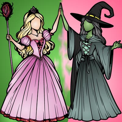 detailed realistic split of a princess and a witch