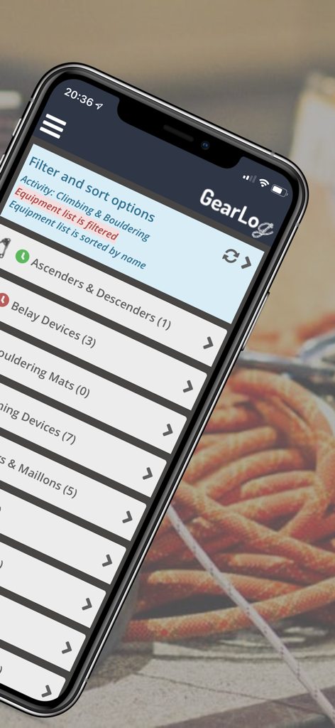 GearLog mobile app interface displaying a categorized list of climbing and outdoor equipment inventory with filter and sort options