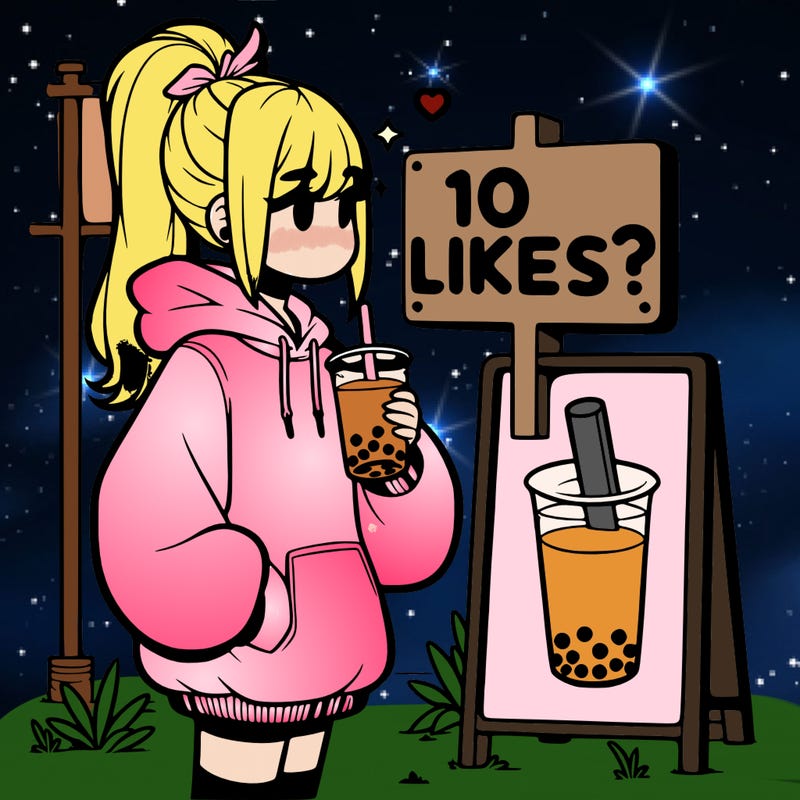 girl with oversized hoodie drinking boba and she has a high ponytail with a sign that says 10likes?